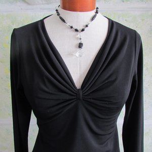 LONG BLACK TOP, S-M, Bust: 34-36"  DRAPED V-NECK NEW YORK & CO CAREER , OFFICE